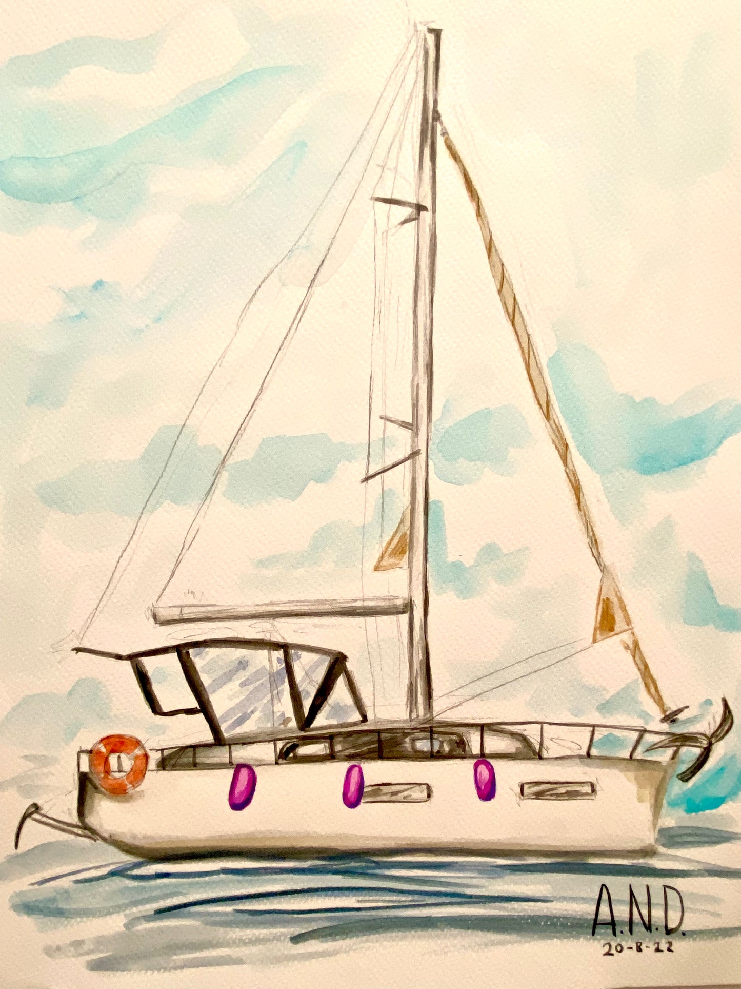 Barco velero, acuarela original