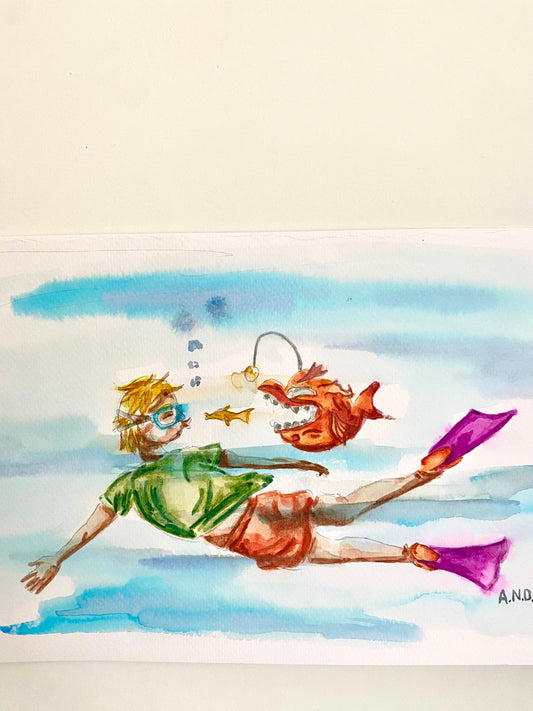Beso bajo el agua, acuarela original
