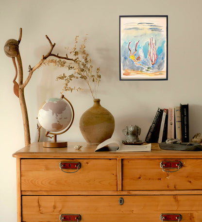 Acuarela Buceando entre medusas