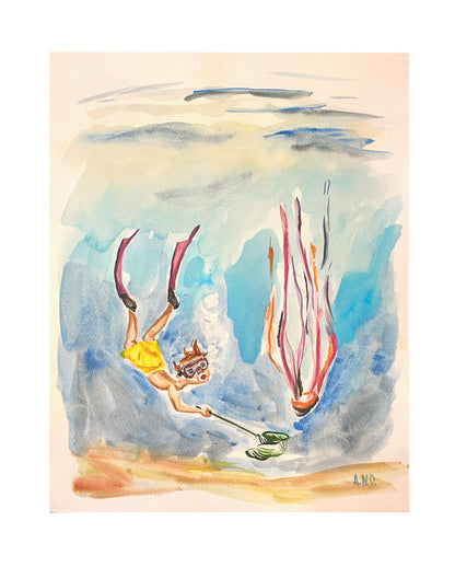 Acuarela Buceando entre medusas