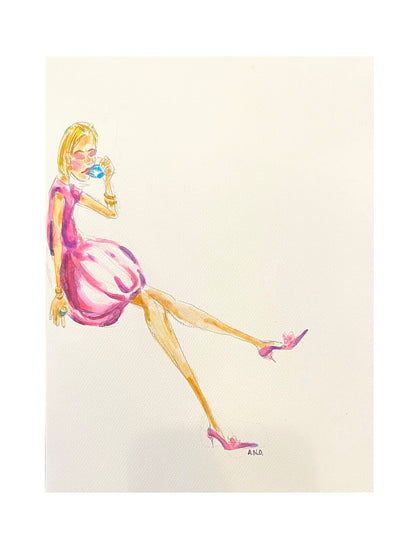 Acuarela chica tomando el té