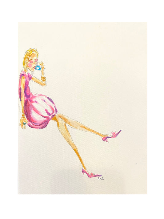 Acuarela chica tomando el té