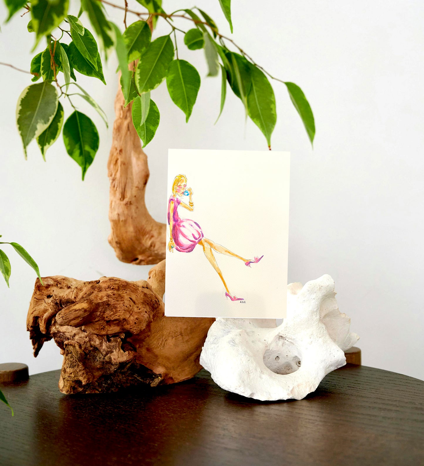 Acuarela chica tomando el té